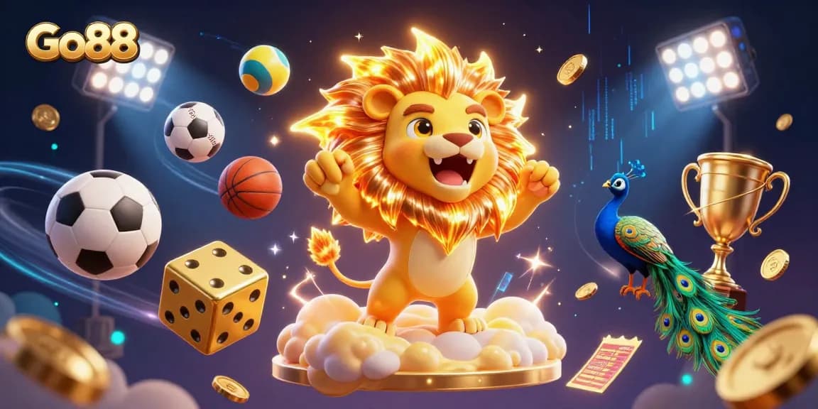 Experience the excitement of Go88 with this vibrant 3D casino-themed illustration showcasing dynamic elements.