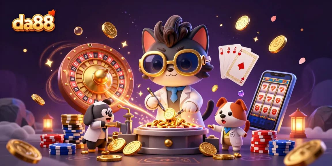 Engage in gaming with da88, a vibrant 3D illustration of a lively casino scene featuring iconic elements.