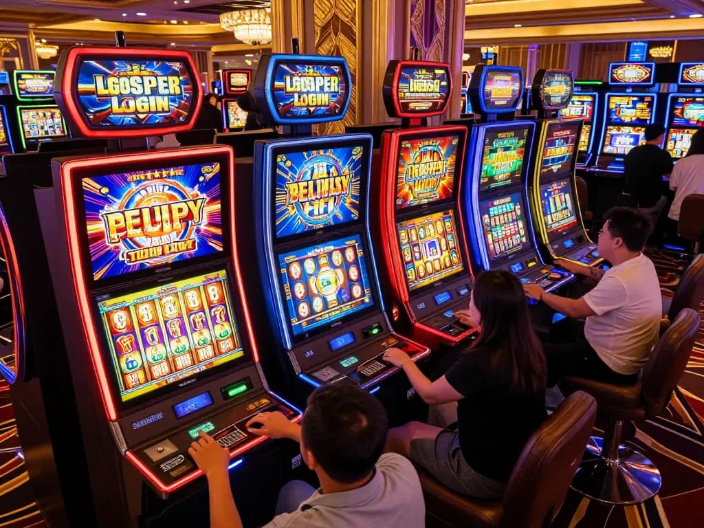 Experience the excitement of LGOSUPER LOGIN at vibrant slot machines with players celebrating wins.