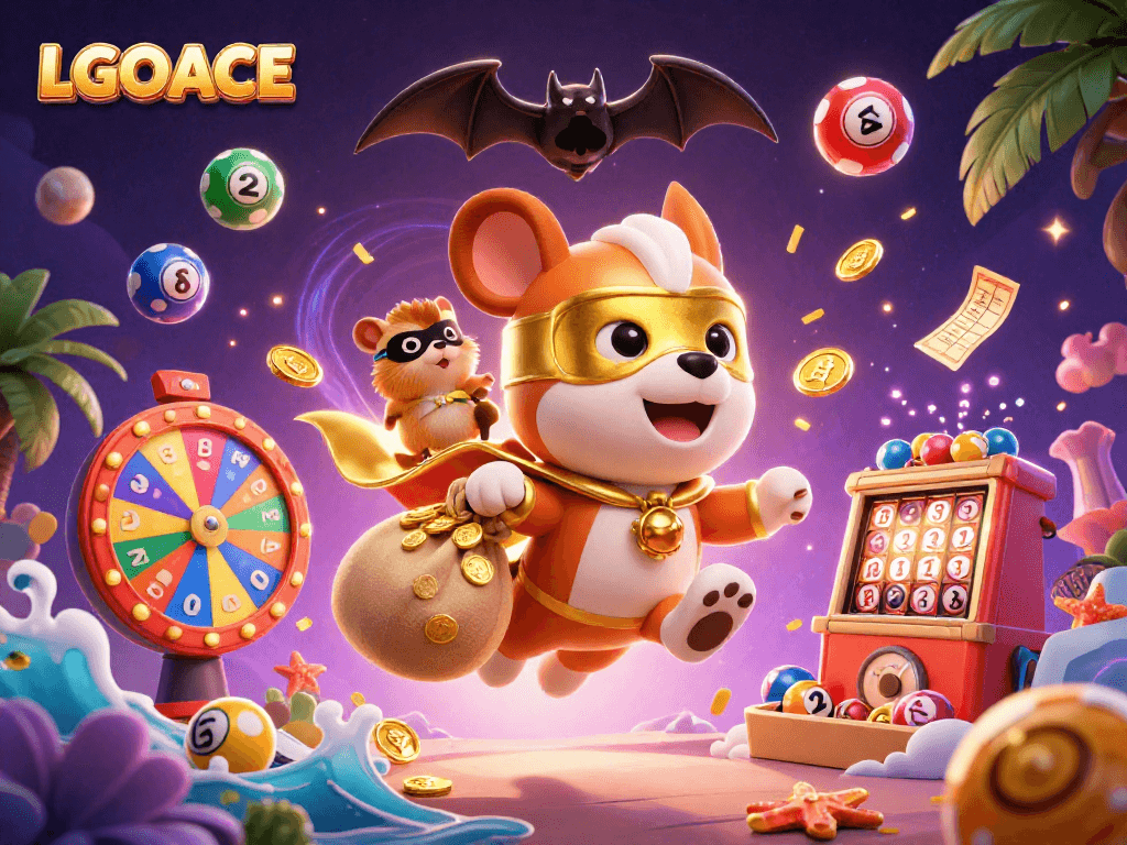 LGOACE's playful 3D illustration of a superhero dog with a bag of gold coins and lottery elements, engaging gamers.
