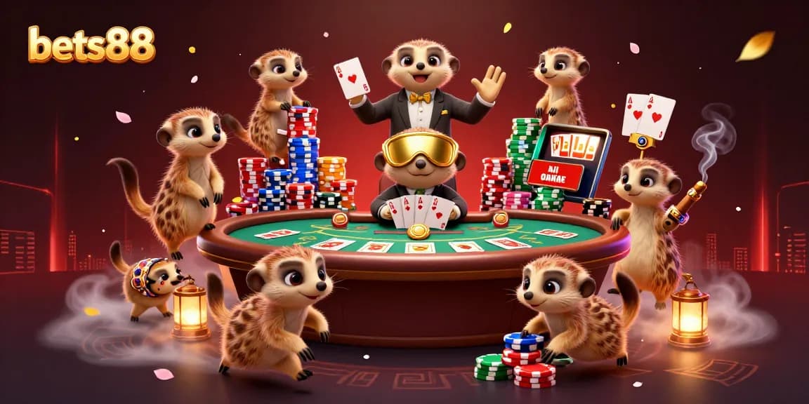 Bets88 highlights a lively meerkat casino operation with action-packed gaming elements and vibrant visuals.