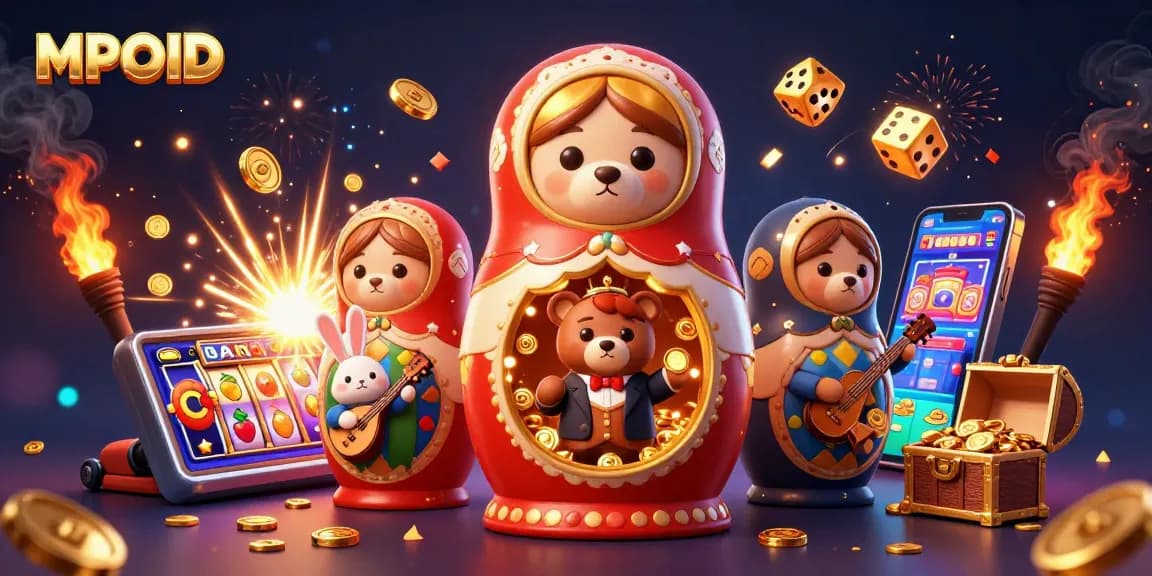 MPOID slot gaming scene with cartoon bears, dazzling jackpots, and vibrant game elements.