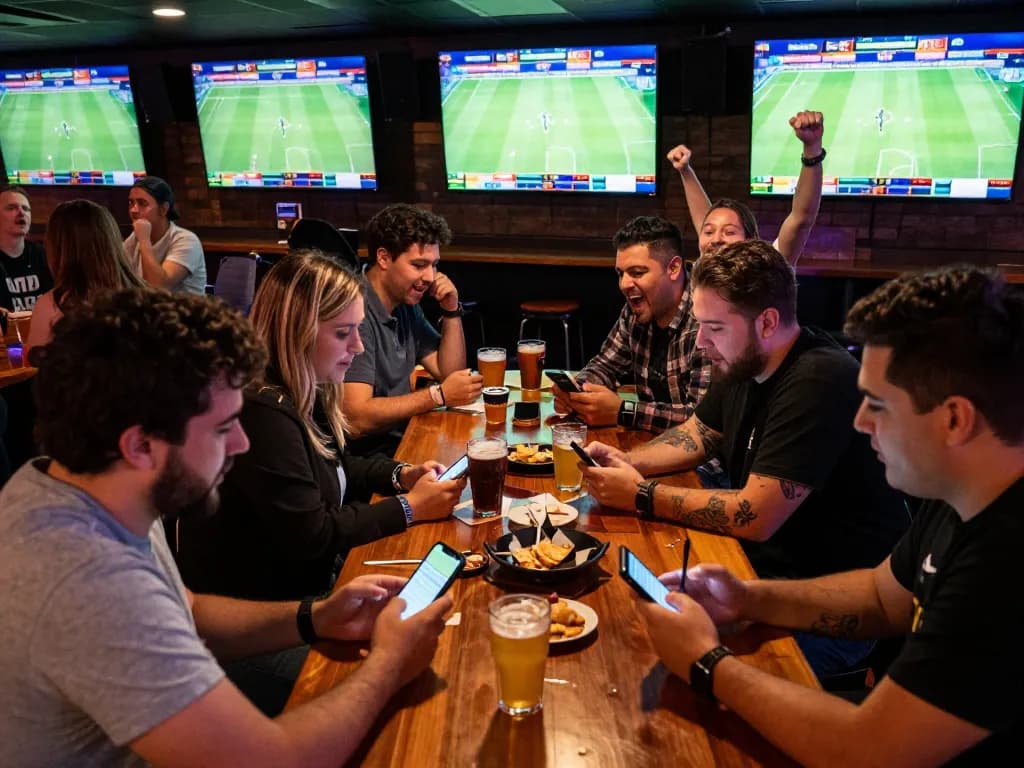 IDNSCORE RESMI live sports betting experience with patrons interacting with mobile devices and multiple TV screens
