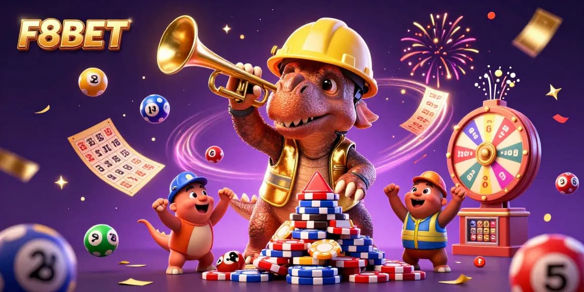 Experience the excitement at F8BET with a dynamic illustration featuring engaging casino elements and lively characters.
