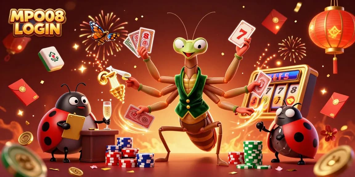 MPO08 LOGIN features an animated casino scene with a card sharp and vibrant slot games elements.