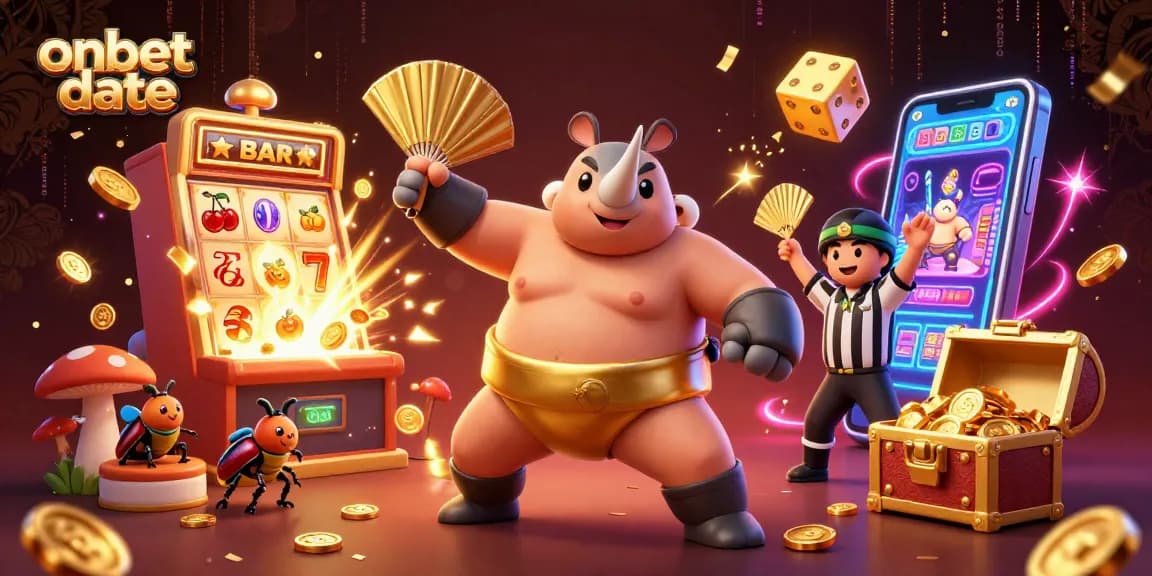 Experience the dynamic excitement of onbet date with animated beetles and casino games in a vibrant illustration.