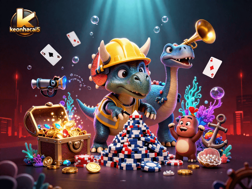 Engage in thrilling poker adventures with keonhacai5 amidst vibrant casino scenes.