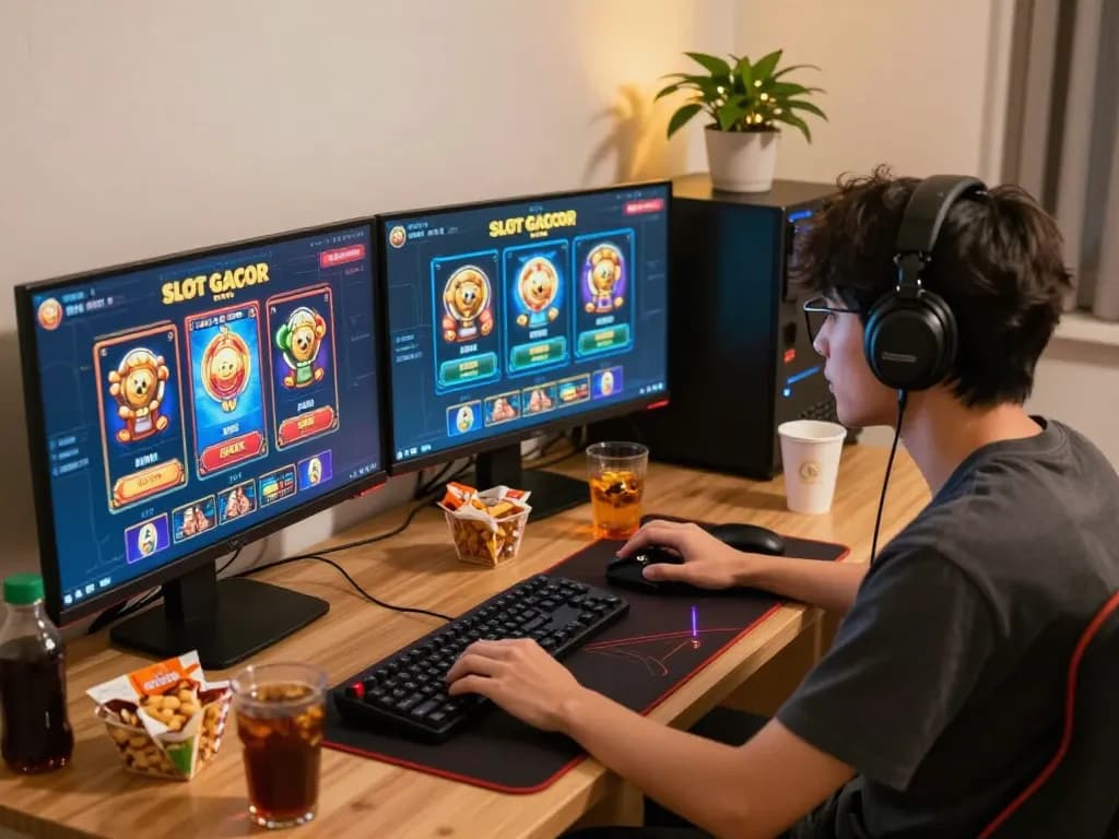 Enjoying online Slot Gacor gameplay at home with a vibrant setup and engaged atmosphere.