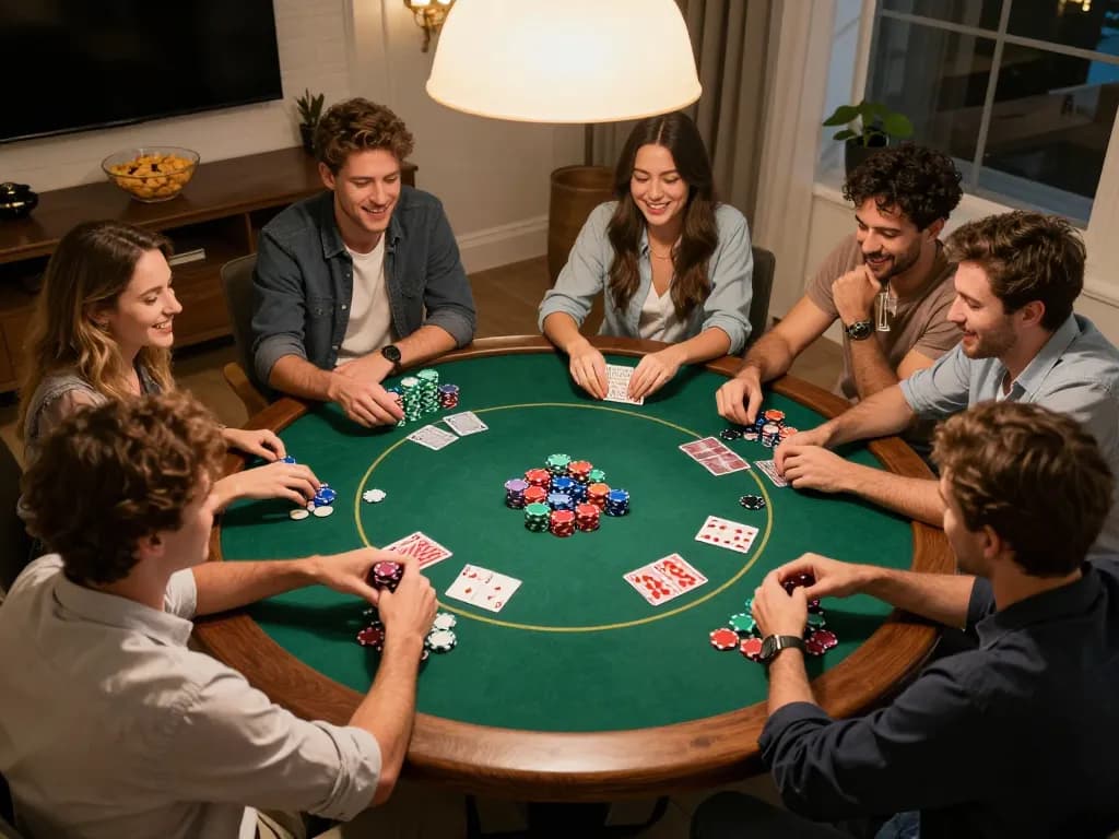 Nhandinhkeonhacai players engaged in a friendly poker night with chips and cards on the table