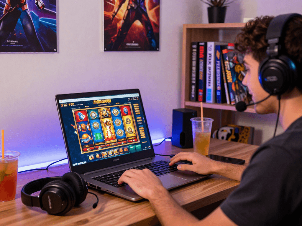 Player enjoying ROKOK88 online slots with vibrant game interface and cozy setup