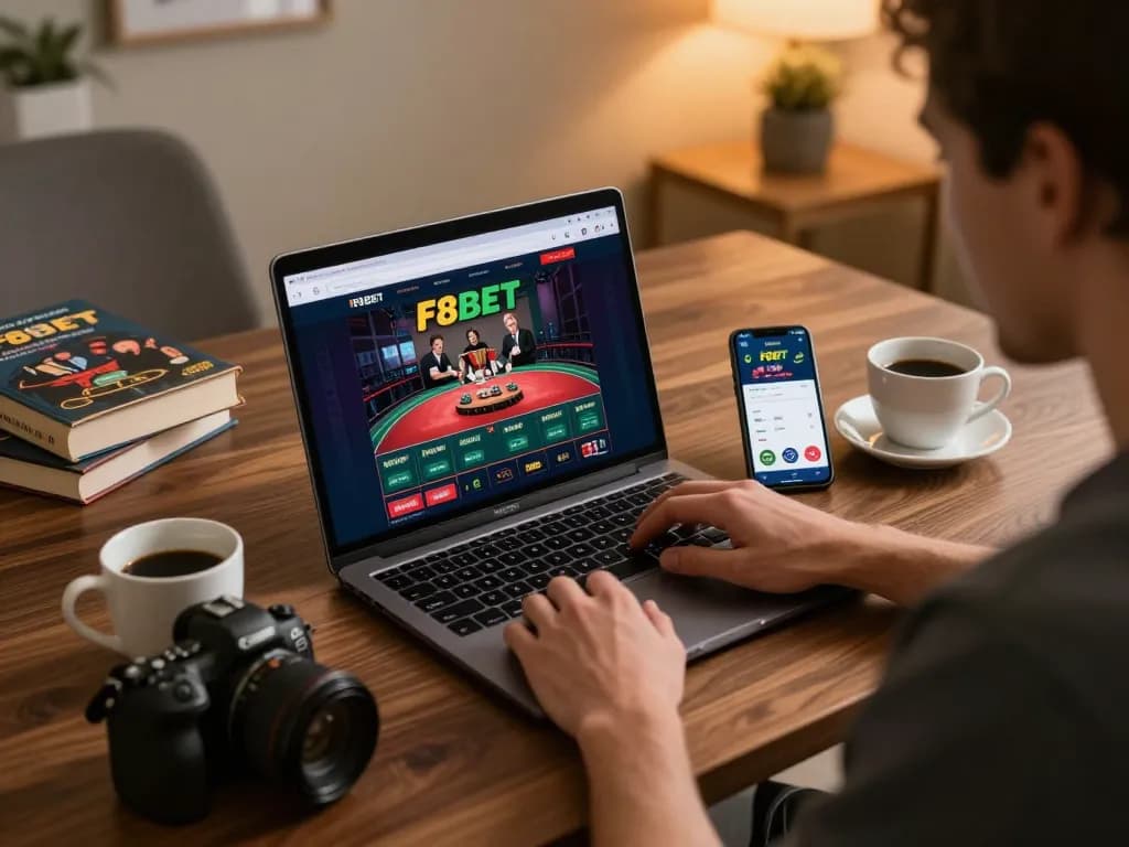 Engaging online gambling scene on F8BET, showcasing a player analyzing strategies on a laptop.