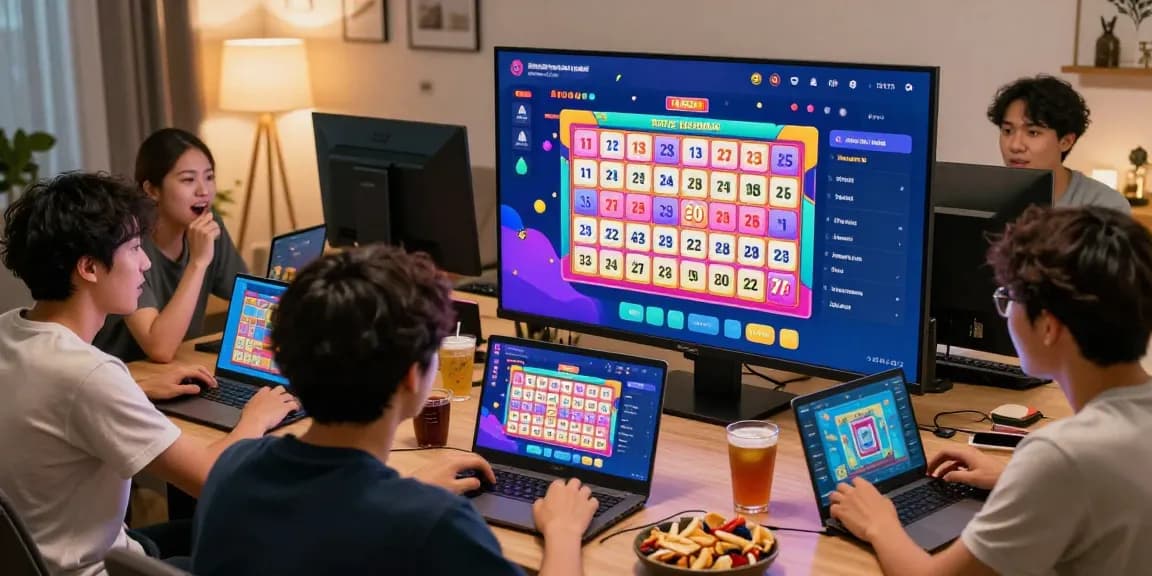 Engaging scene depicting players enjoying Pasaran Togel Terlengkap on digital devices in a vibrant gaming environment