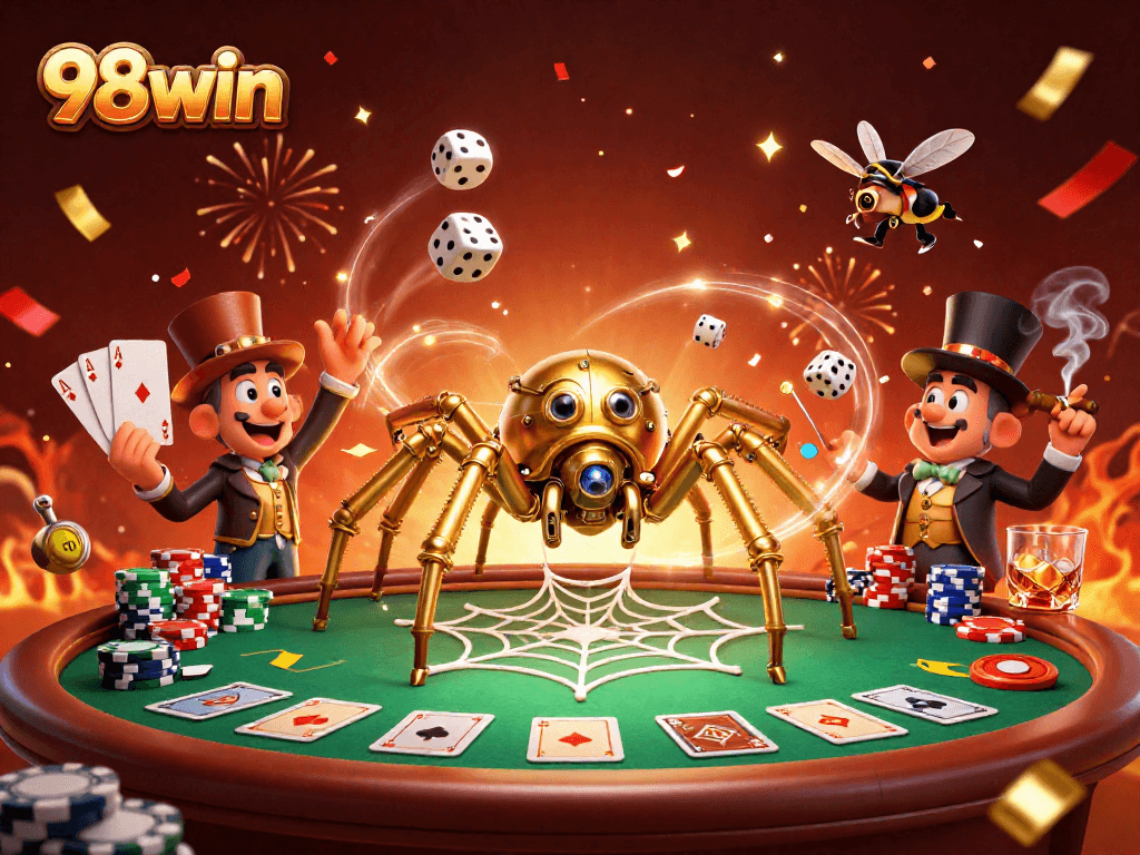 Engage with 98win at an immersive casino scene featuring a golden spider and a charming fly gentleman.