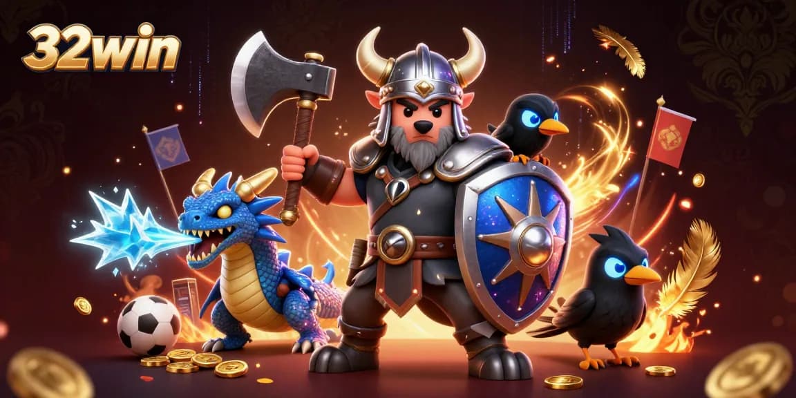 Join the action at 32win, where a Viking warrior and dragon bring excitement to sports betting!