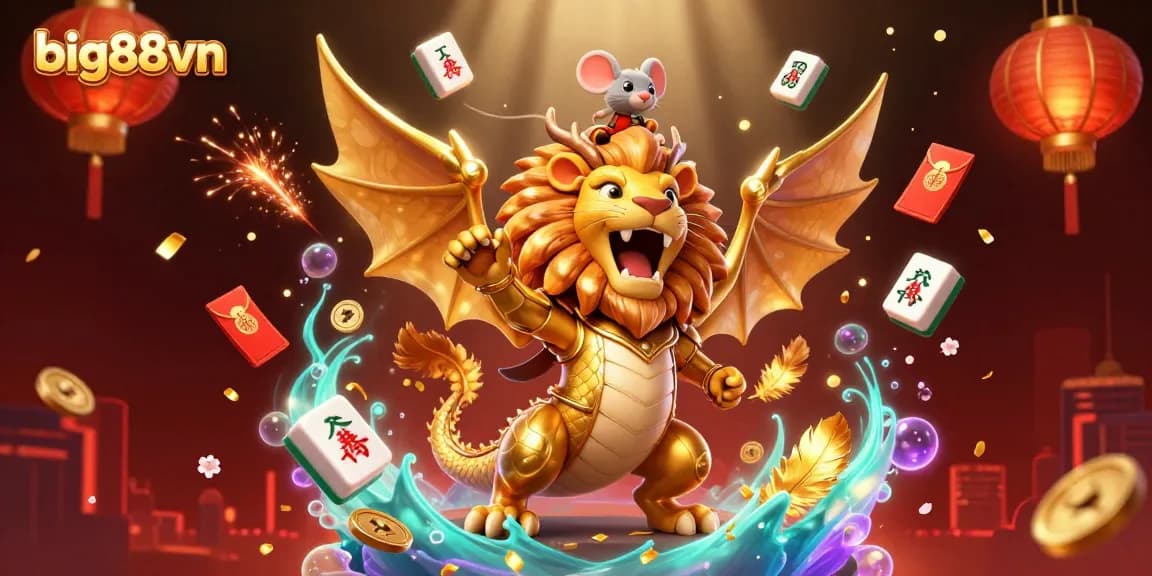 big88vn showcases a triumphant chimera with a mouse jockey, surrounded by dynamic casino elements.