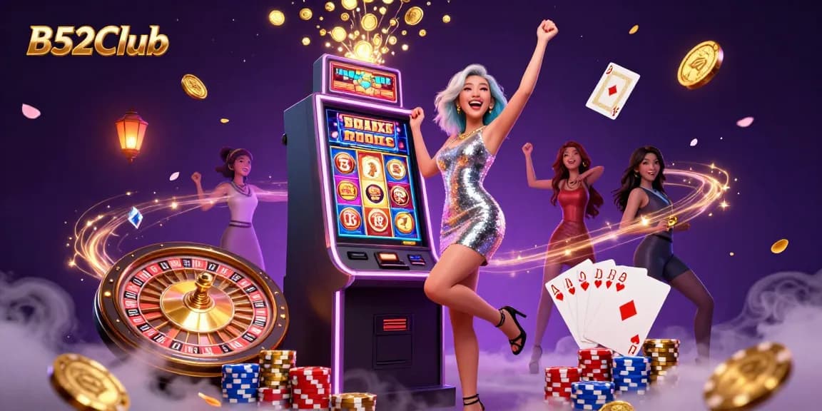 B52Club celebrates wins with a joyful Asian woman at a jackpot slot machine, surrounded by dynamic casino elements.