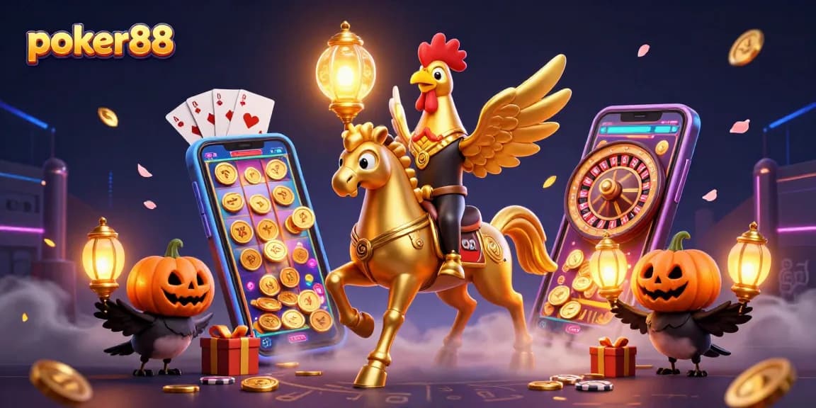 Experience excitement with poker88 in a vibrant 3D casino setting surrounded by games and golden rewards.