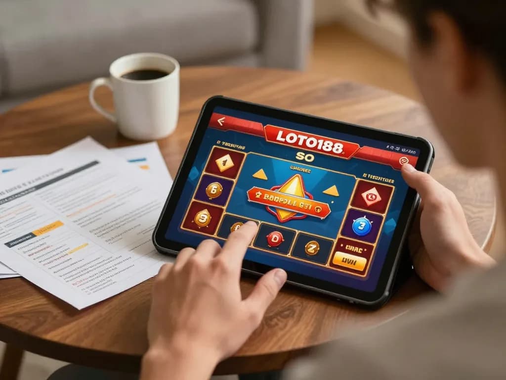 Engaging in LOTO188 SO online gaming at home with a tablet showing vibrant game interface and strategy notes