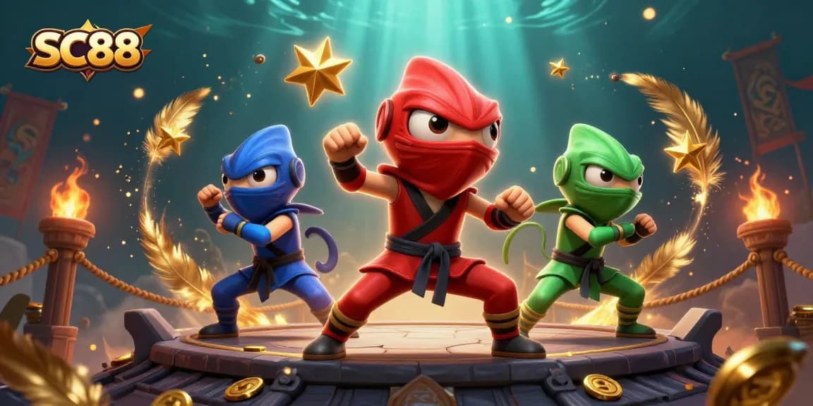 Engage in thrilling gameplay with SC88 as ninja chameleons celebrate victory surrounded by golden coins.