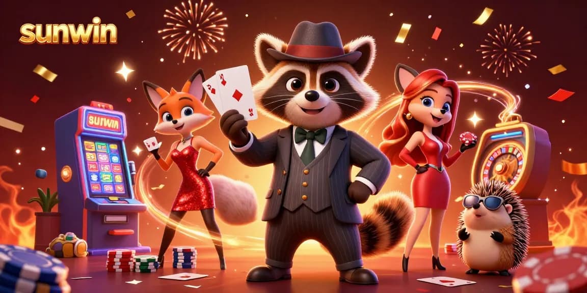 Join the excitement at sunwin with a suave raccoon and friends as they play poker in a dazzling casino setting.