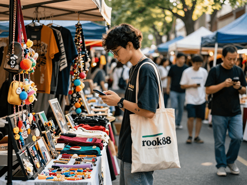 Youthful person shopping at outdoor market with colorful rokok88 merchandise, showcasing vibrant streetwear culture.