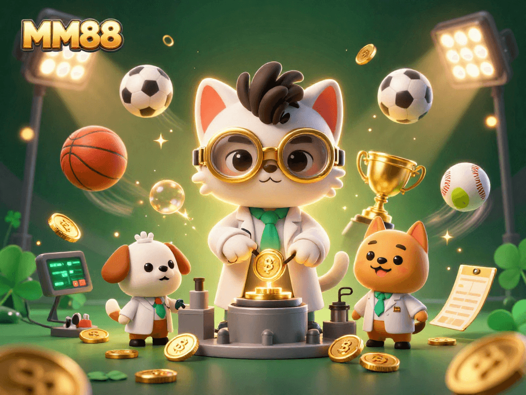 Bet on MM88 in a vibrant, dynamic 3D casino scene featuring sports elements and golden treasures.