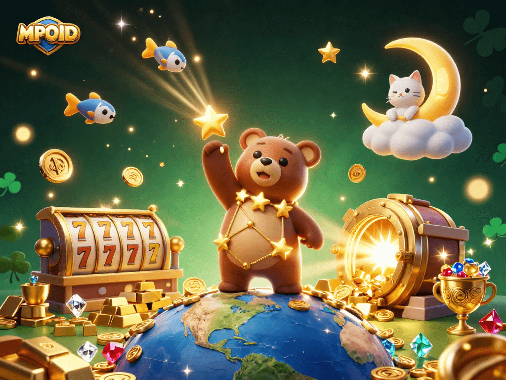 MPOID showcases casino excitement with a constellation bear, slot reels, and overflowing gold treasures.