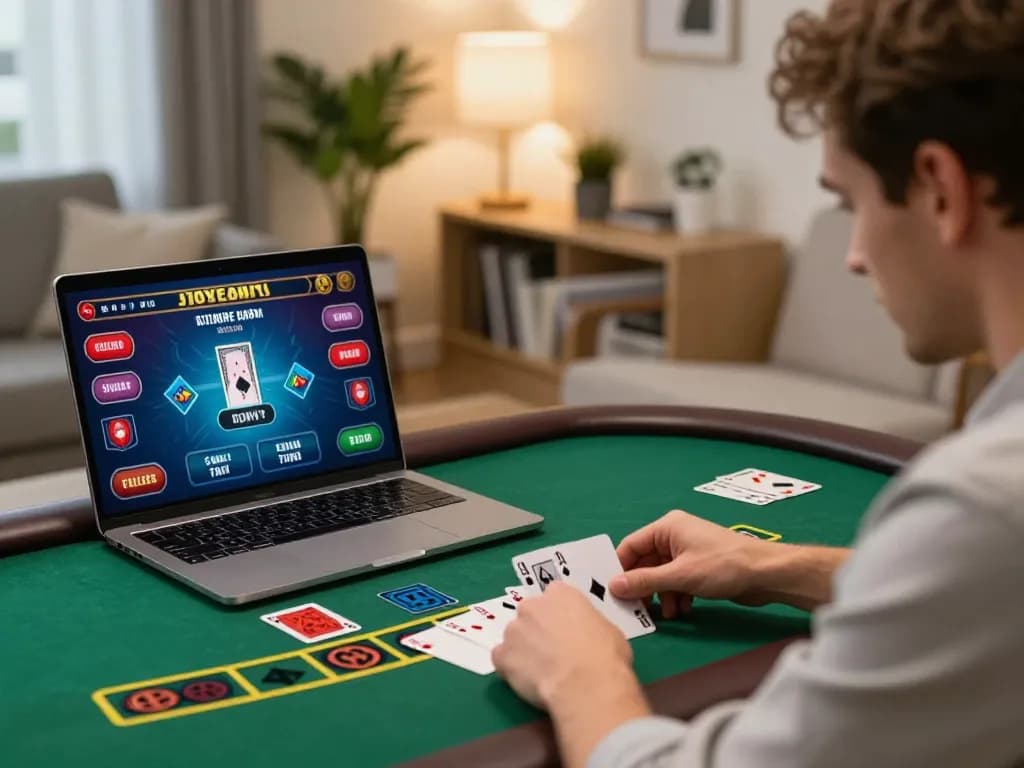 Engaged player enjoying a game online with focused attention on blackjack cards