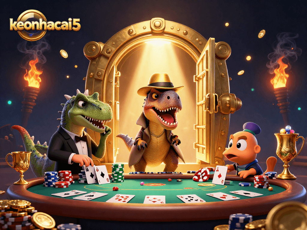 Experience thrilling poker action with keonhacai5 through lively characters and vibrant casino elements.