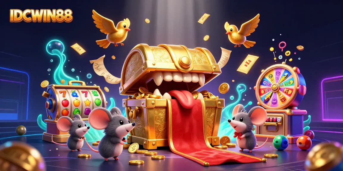 Engage with IDCWIN88's lush gambling adventure featuring golden treasure chests and vibrant slot elements.