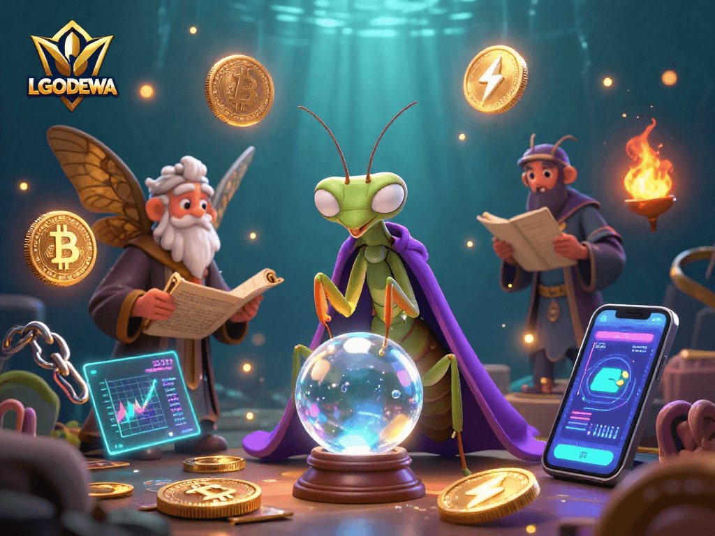 Experience mystical gambling strategies with LGODEWA in a vibrant 3D casino scene featuring crypto elements.