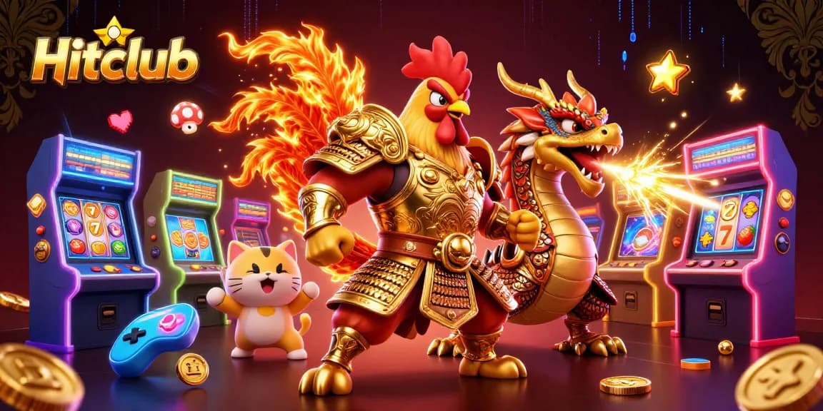 Experience thrilling gameplay with Hitclub as cartoon warriors face off in a vibrant casino scene.