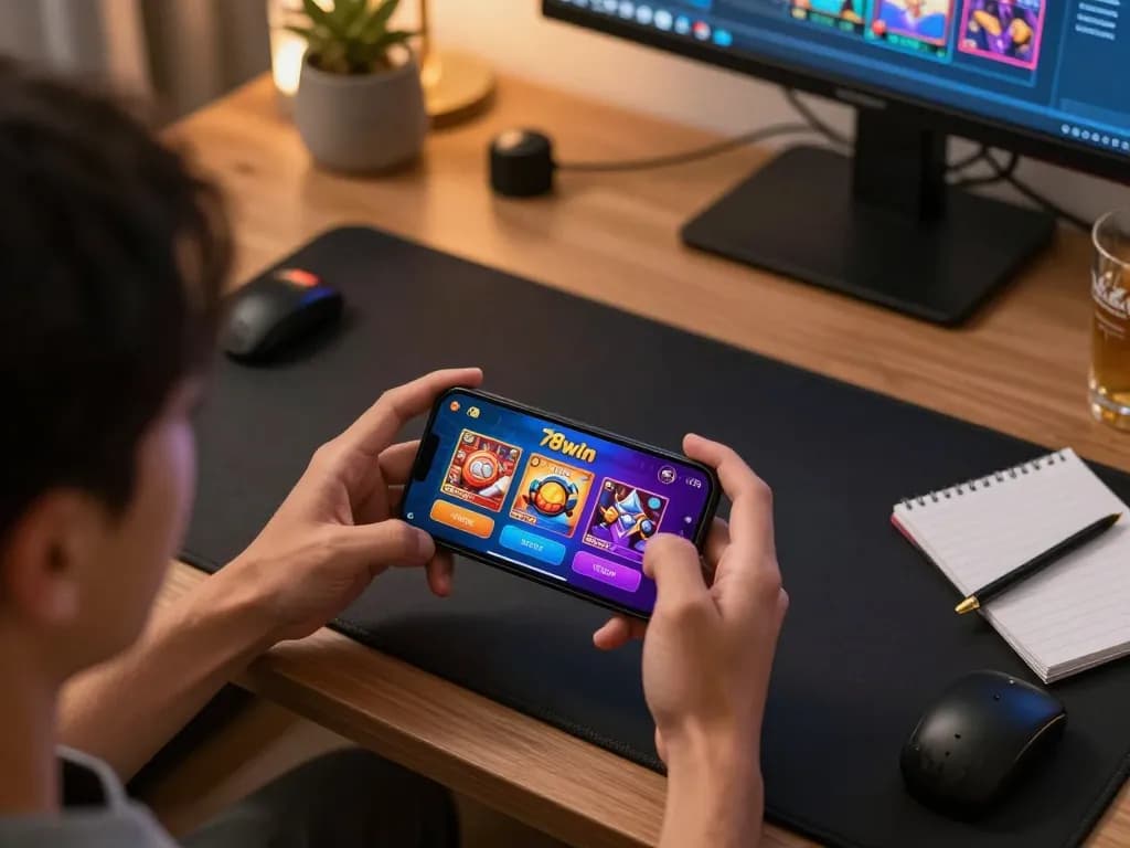 Explore dynamic mobile gaming action with the 78win app in a cozy home setting