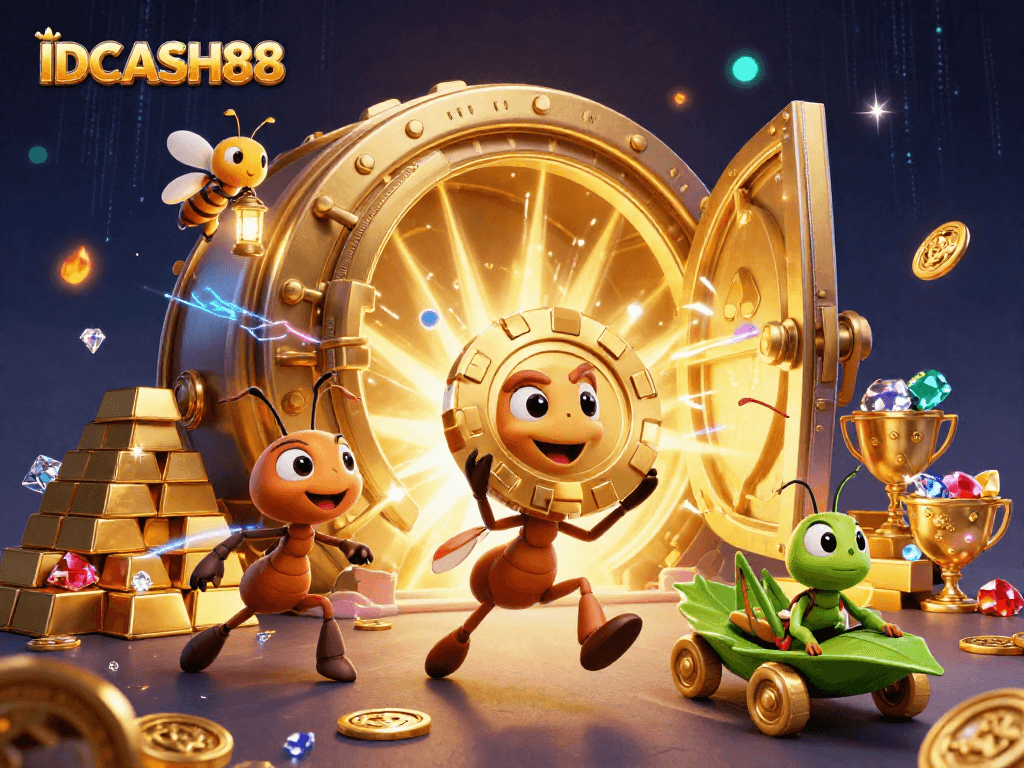 Interact with the exciting world of IDCASH88, where ants steal a colossal poker chip amidst sparkling treasures and casino elements.