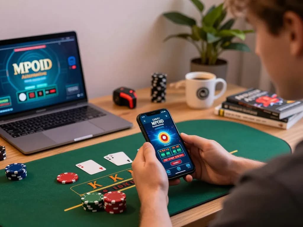 Engage in MPOID Alternative gameplay with a player enjoying live blackjack on a smartphone in a cozy setting