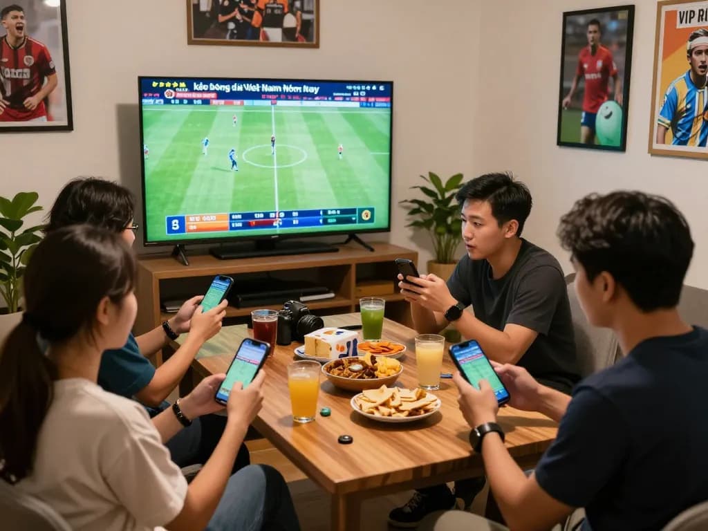 Engaging group watching live match through 'kèo bóng đá Việt Nam hôm nay', capturing excitement and camaraderie in a sports betting atmosphere.