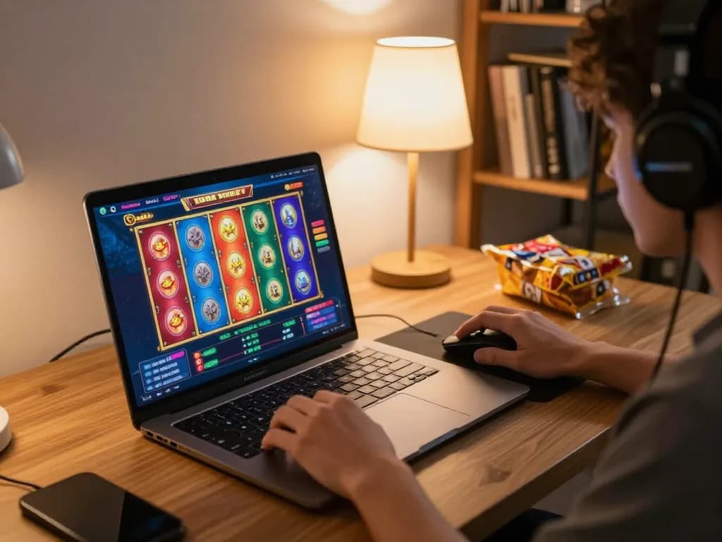 Agen Slot gaming engagement on a laptop shows vibrant reels and intense focus while playing