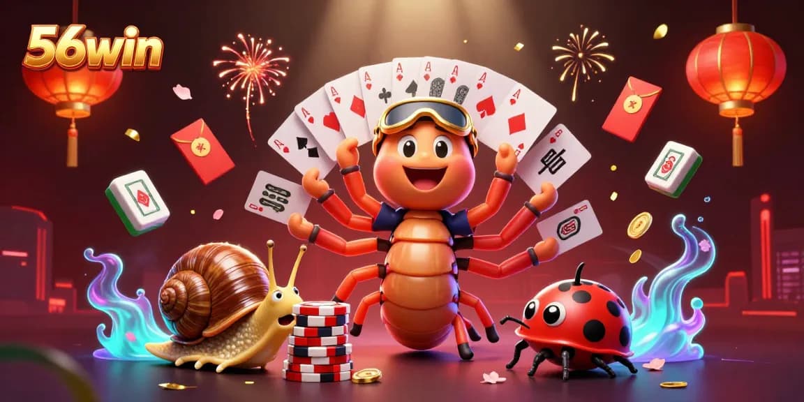 Engage with 56win's vibrant casino scene featuring a unique cartoon-themed dealer and high rollers.