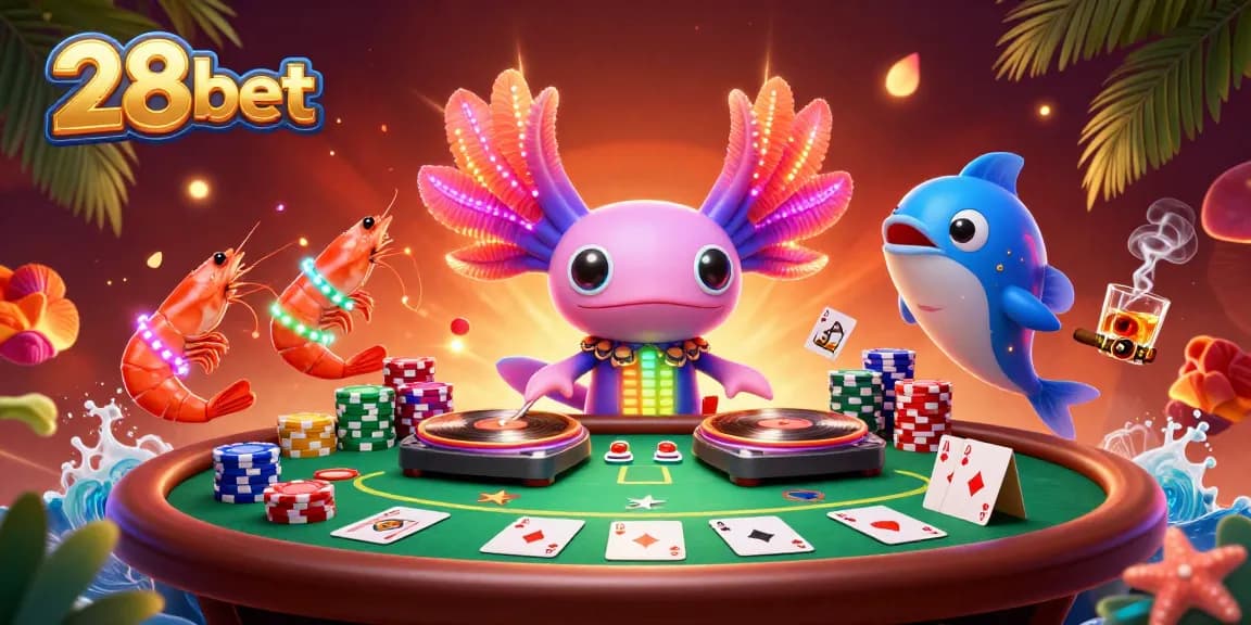 Engage with 28bet in a vibrant casino scene featuring neon-colored characters, poker elements, and dynamic energy.