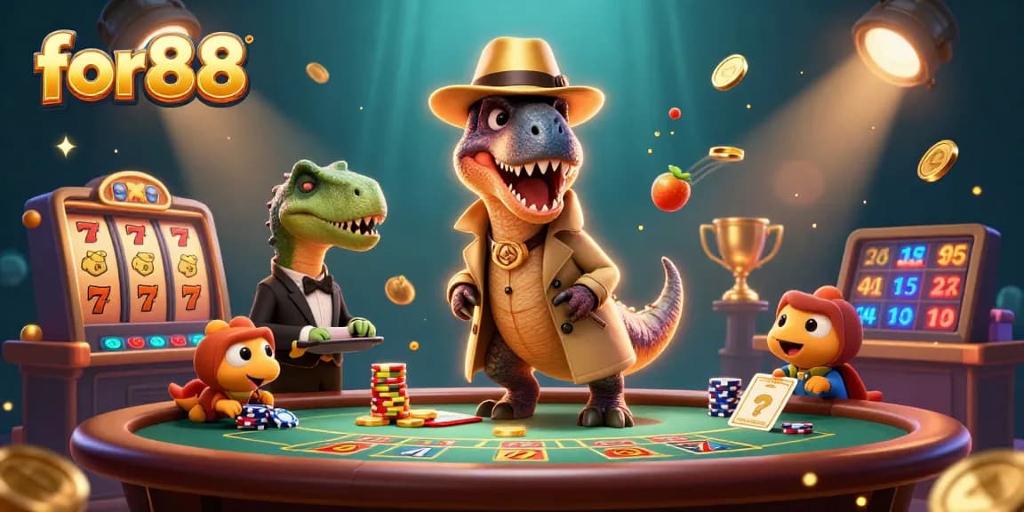 Play thrilling games at for88 featuring colorful slot elements and engaging characters in a vibrant casino scene.