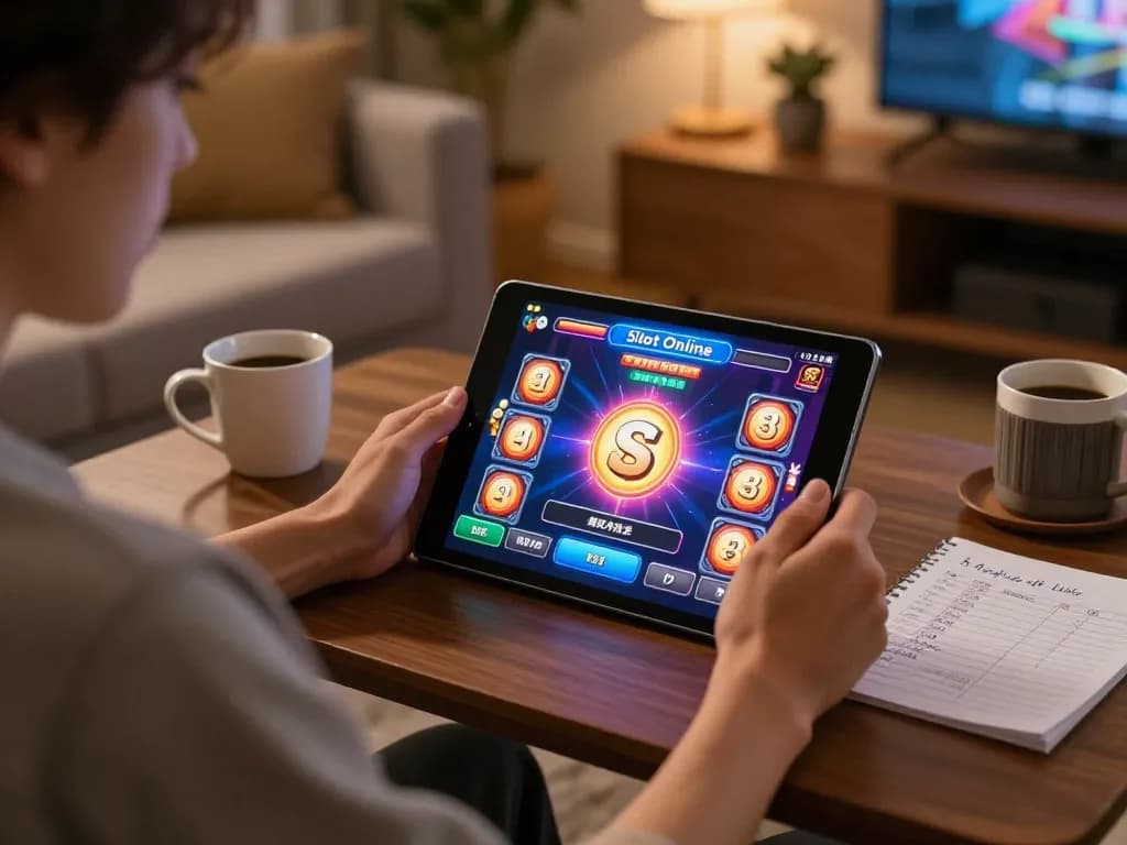 Engaging in Slot Online gameplay on a tablet in a cozy home setting, highlighting strategic bankroll management.
