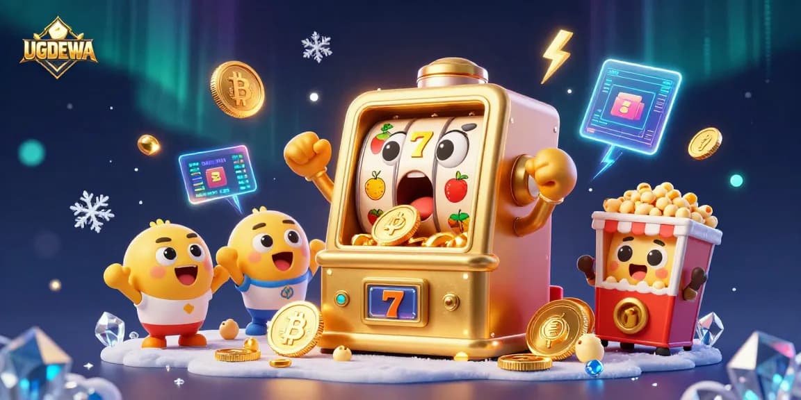 Experience the excitement of UGDEWA as a vibrant casino scene features a golden slot machine celebrating a jackpot with coins overflowing.