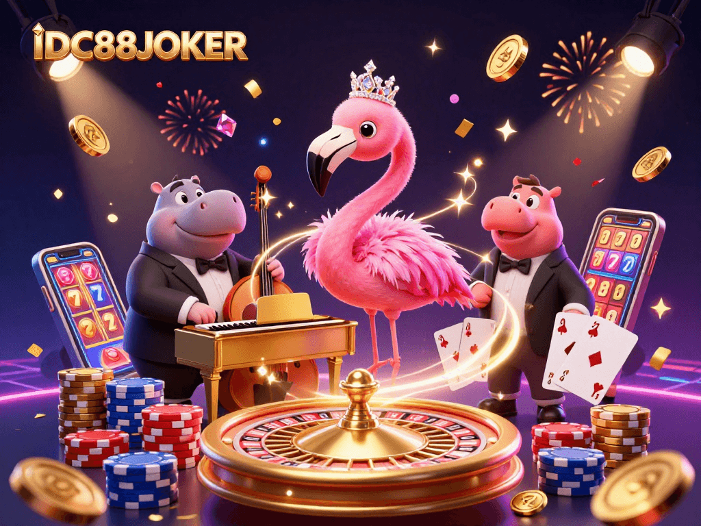 Experience the excitement of gambling with IDC88JOKER's vibrant casino scene featuring a flamingo singer, hippo bassist, and dynamic game elements.