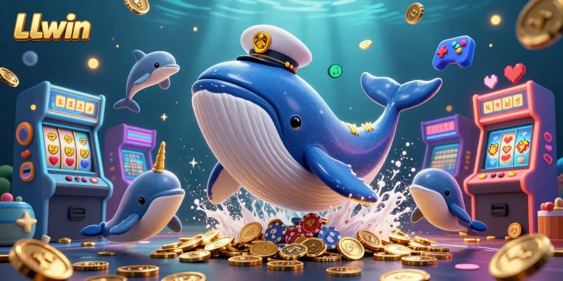 Experience the thrilling casino adventure with LLwin, featuring a whale and dolphins in a dynamic gambling scene.
