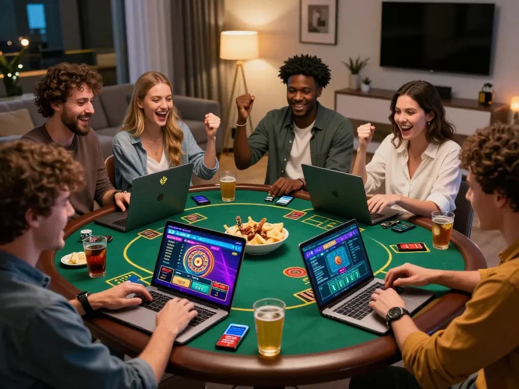 Friends enjoying online betting on BetVisa app with laptops and vibrant game graphics.
