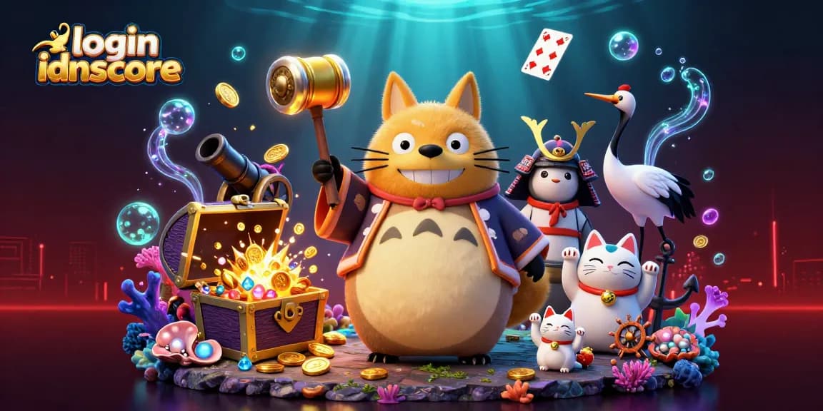 Engage with the exciting world of login idnscore through vibrant 3D casino illustration featuring lucky symbols and competitive games.