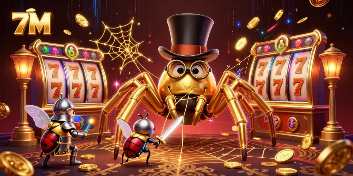 Engage in thrilling casino adventures with 7M, featuring a golden tarantula and beetle in action.