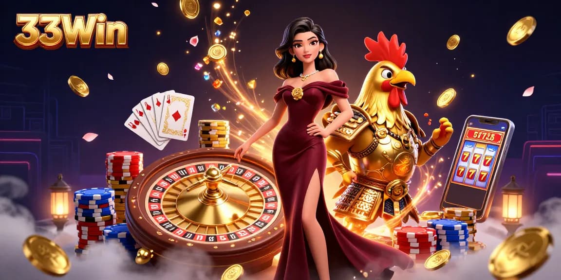 Experience thrilling casino excitement with 33Win's glamorous scene of a woman and golden rooster warrior.
