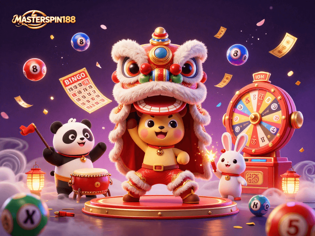 Engage with MASTERSPIN188 in a vibrant, action-packed casino illustration featuring dynamic lottery elements.