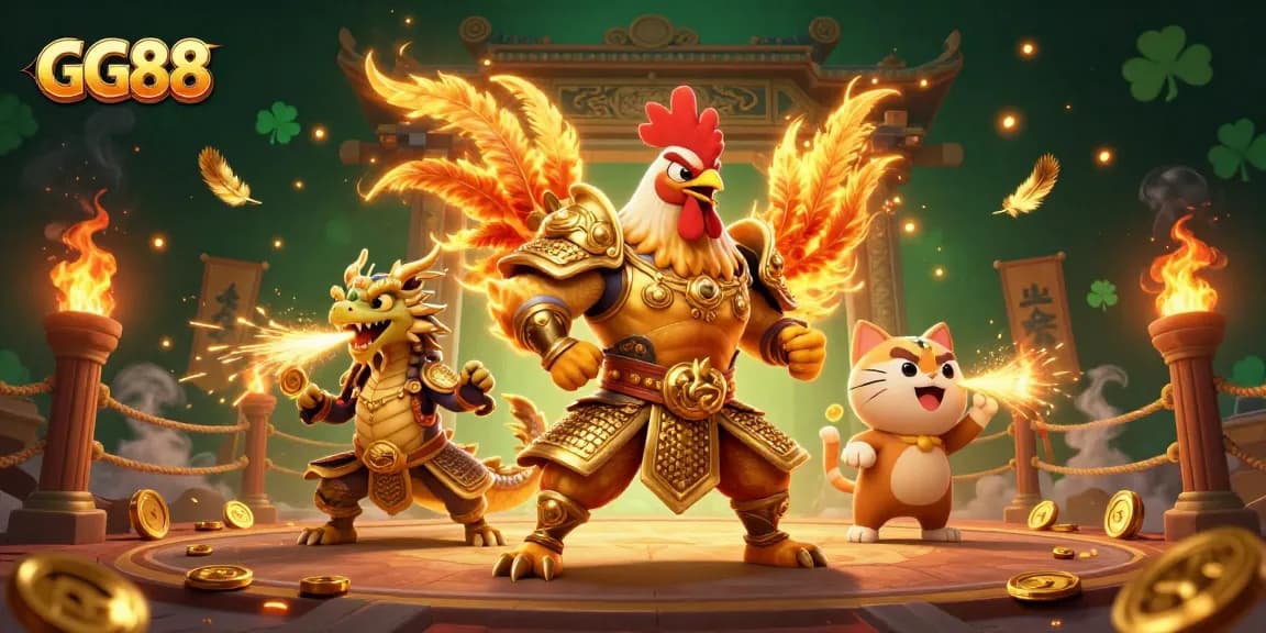 Experience thrilling action at GG88 with a vibrant 3D digital illustration of gaming characters in a dynamic scene.